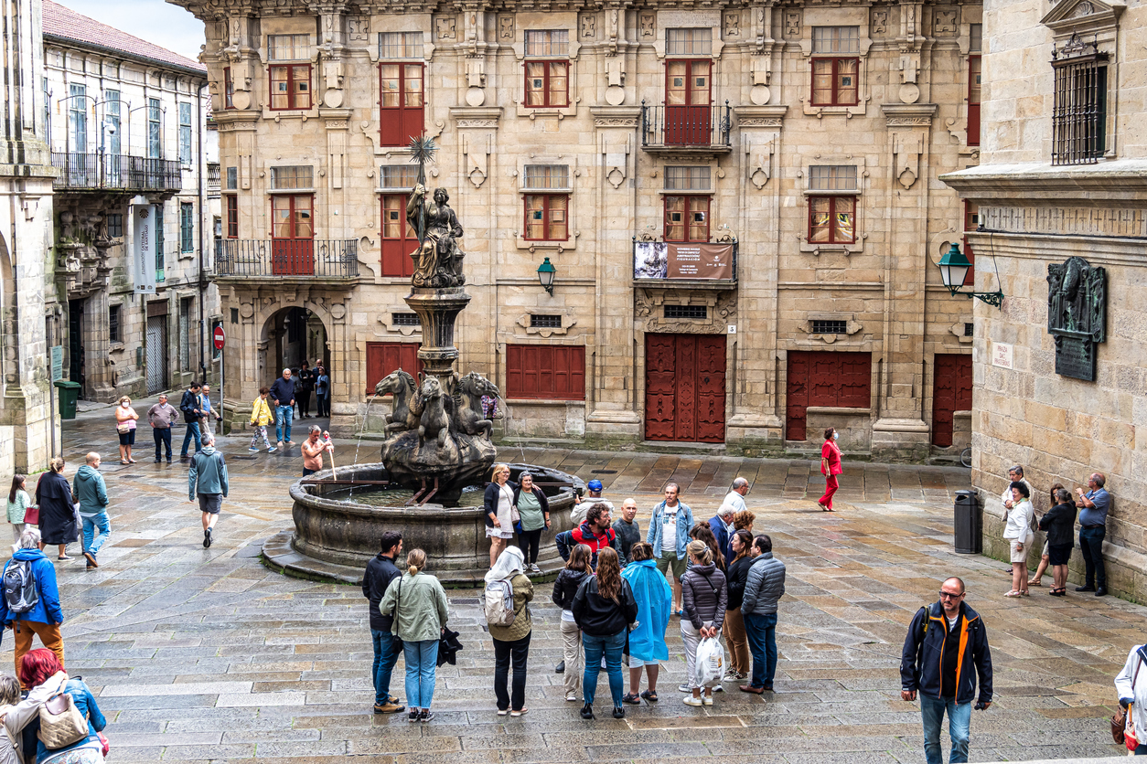 Pilgrims in front of cathedral in Camino