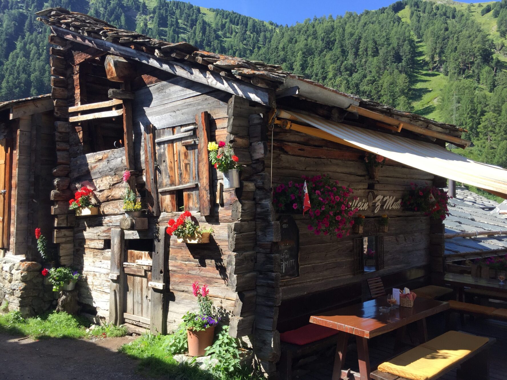 Rustic wooden cabin with blooming flowers in Zmutt