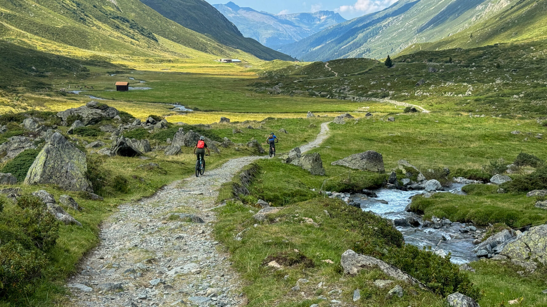Two cyclists in Alps valley