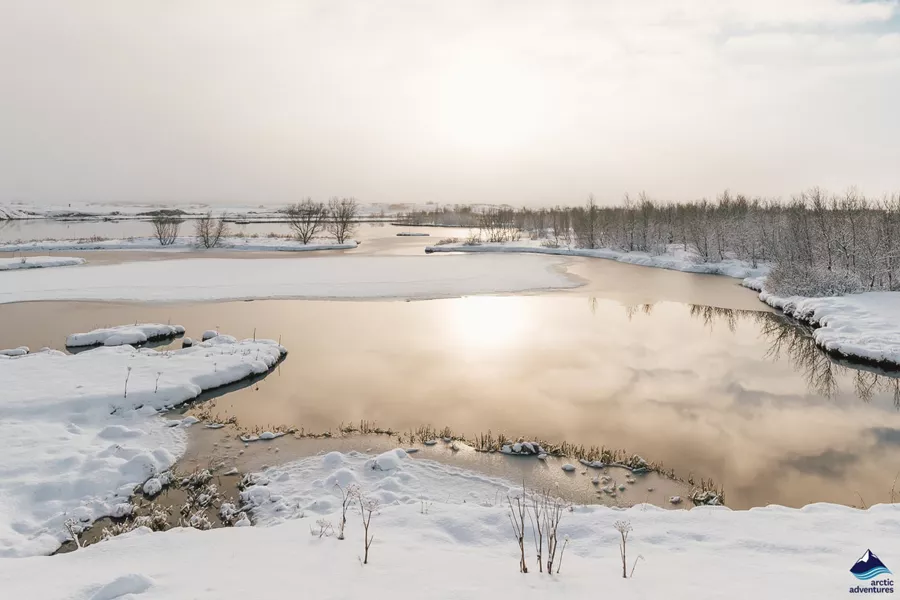 Snowy view of water in Iceland