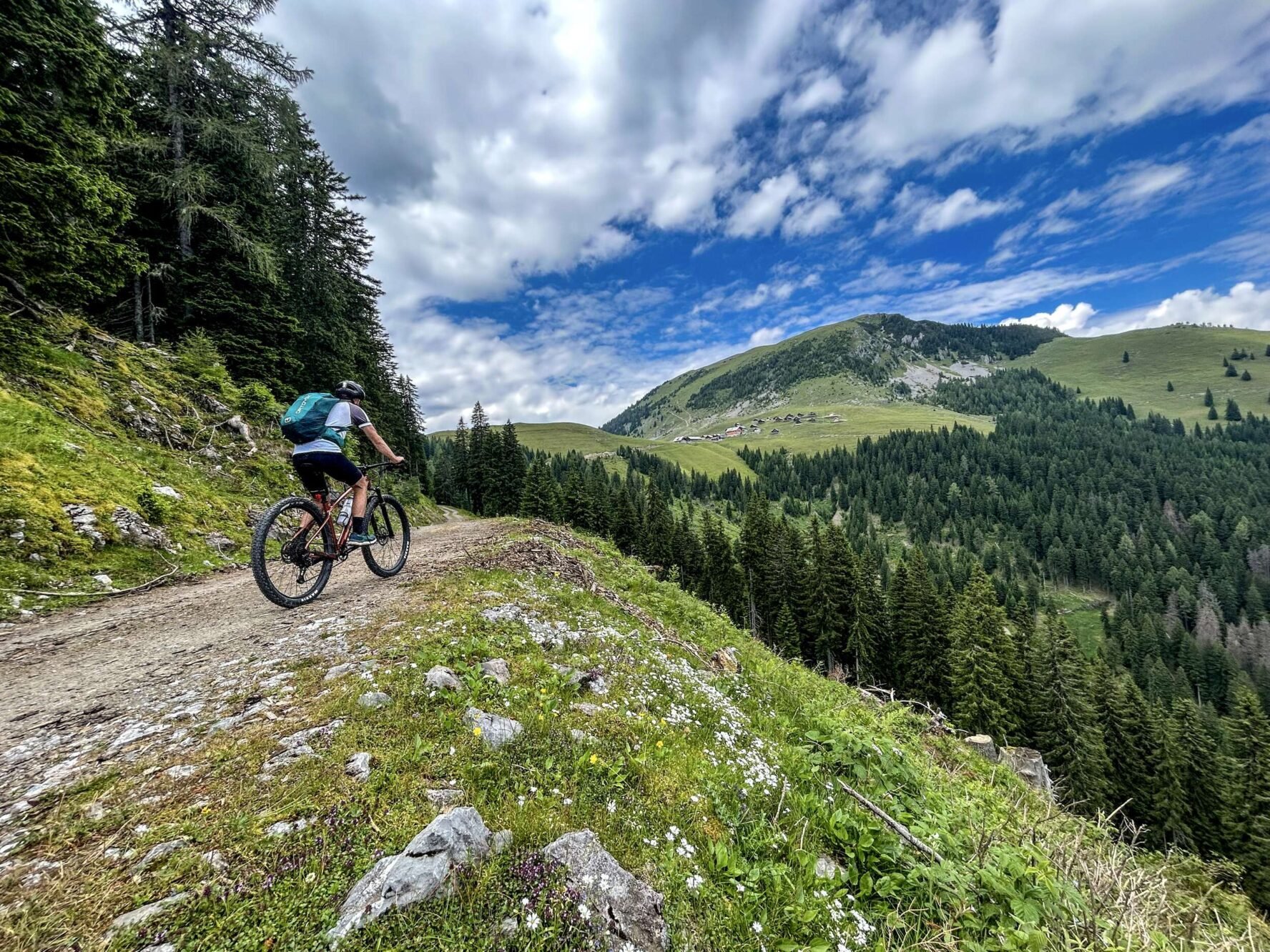 Biker on a trail with panoramic views of Alpine valleys