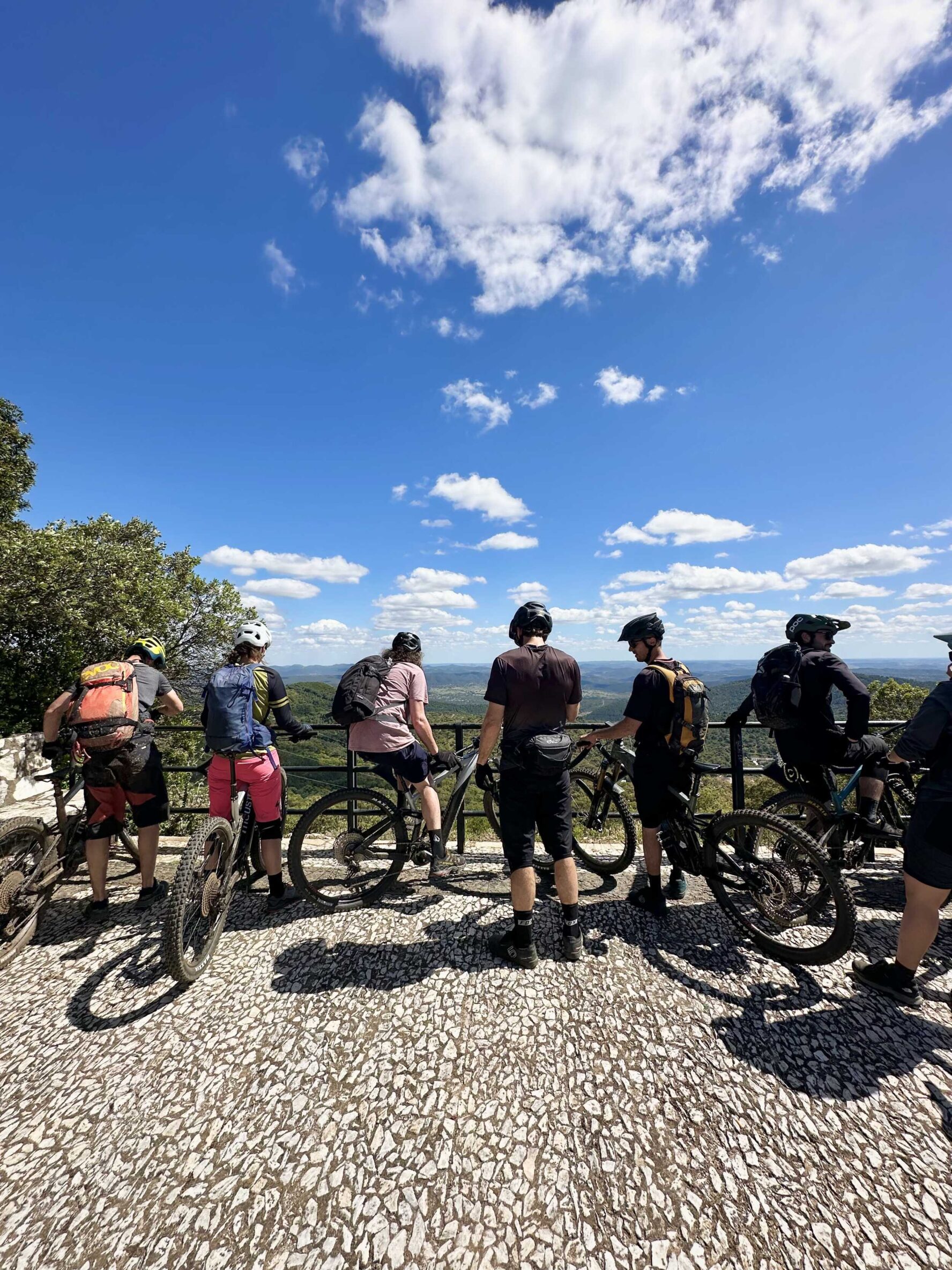 Group of mountain bikers on a scenic outlook with a clear sky overhead