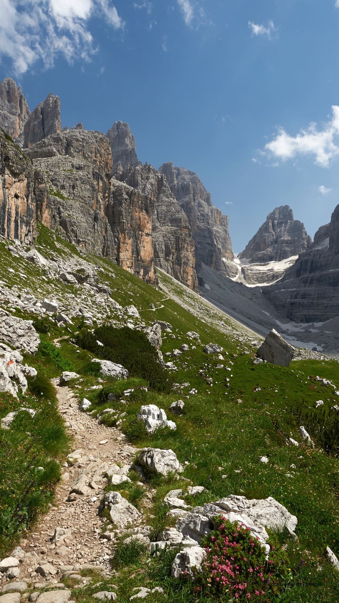 Hiking in the Dolomites on a sunny day