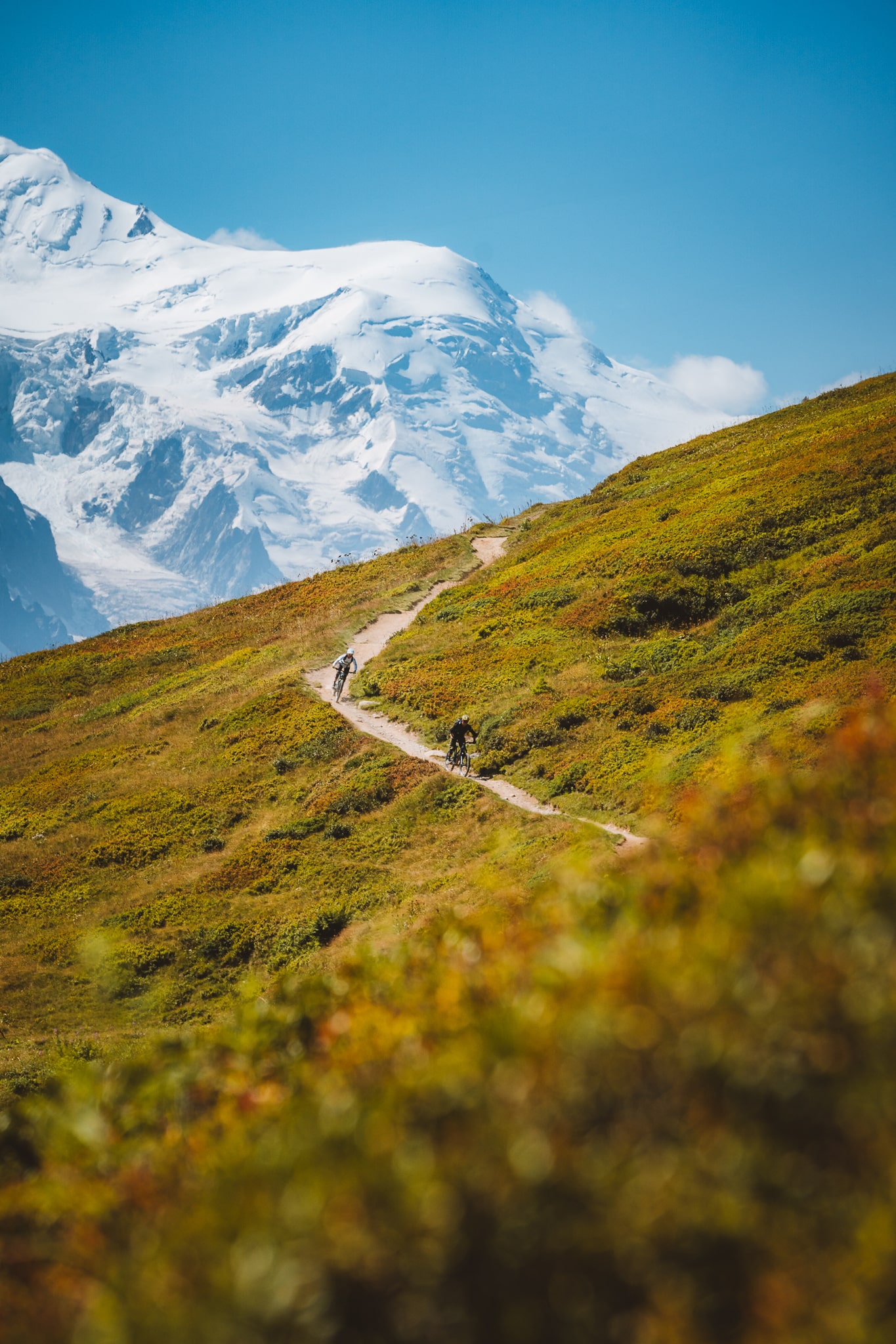 A vertical view of Mont Blanc and some riders shredding singletrack