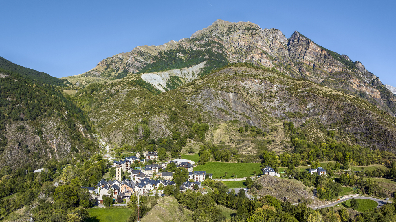 Panoramic aerial view of Erill la Vall and the surrounding mountains