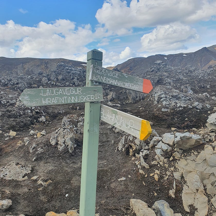 Signpost to Laugavegur, Landmannalaugar, and Blahnukur