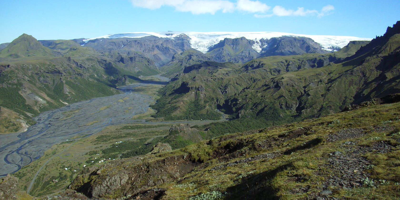 View of Thorsmork valley and surrounding mountains