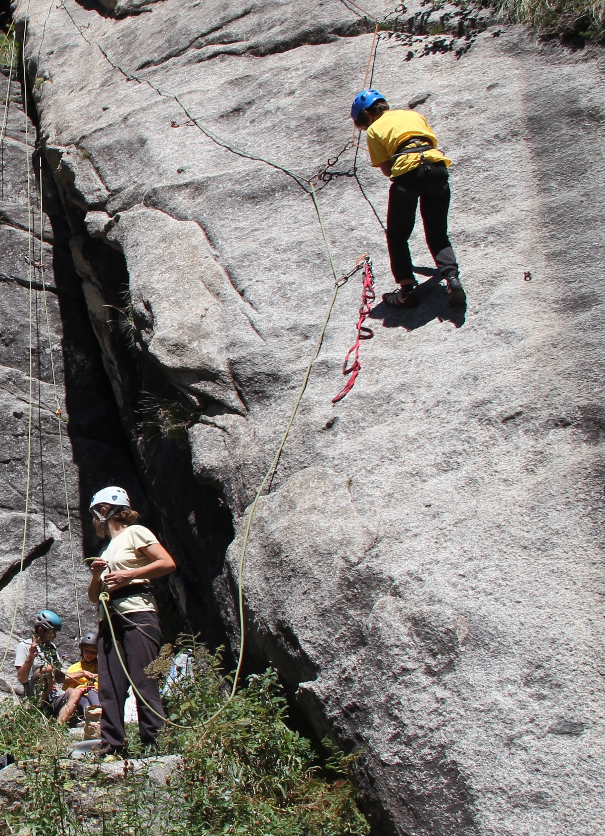 A woman climbs a rock face with ropes while other climbers watch from below