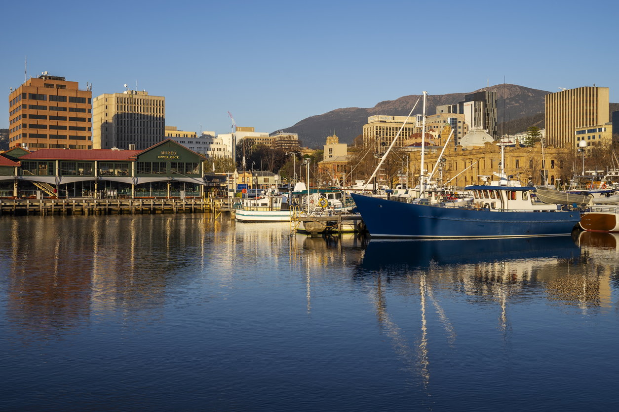 Dock in Hobart, Tasmania, Australia, with Mount Wellington in the background