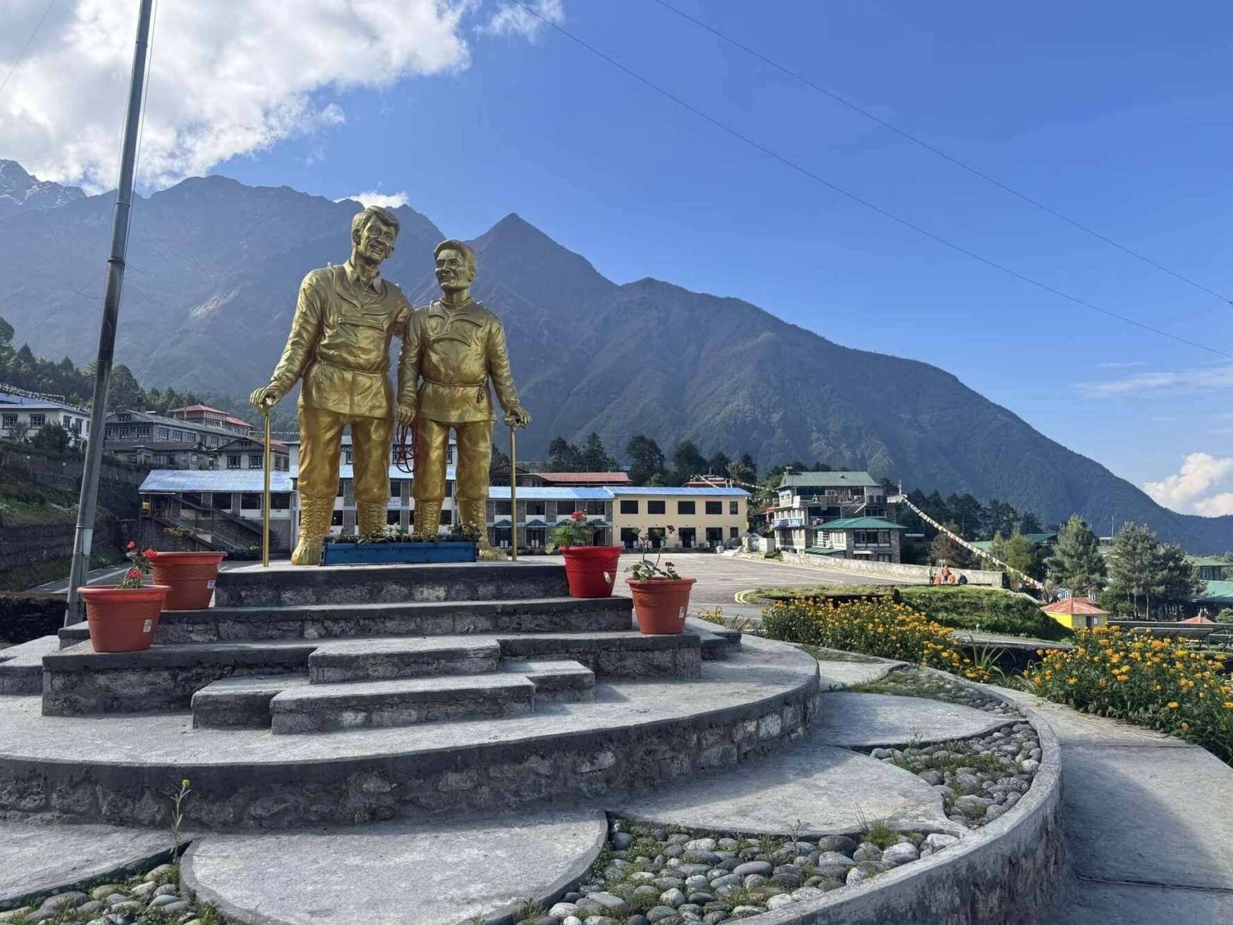 Golden statues in Lukla on the Everest View trek 5 days route