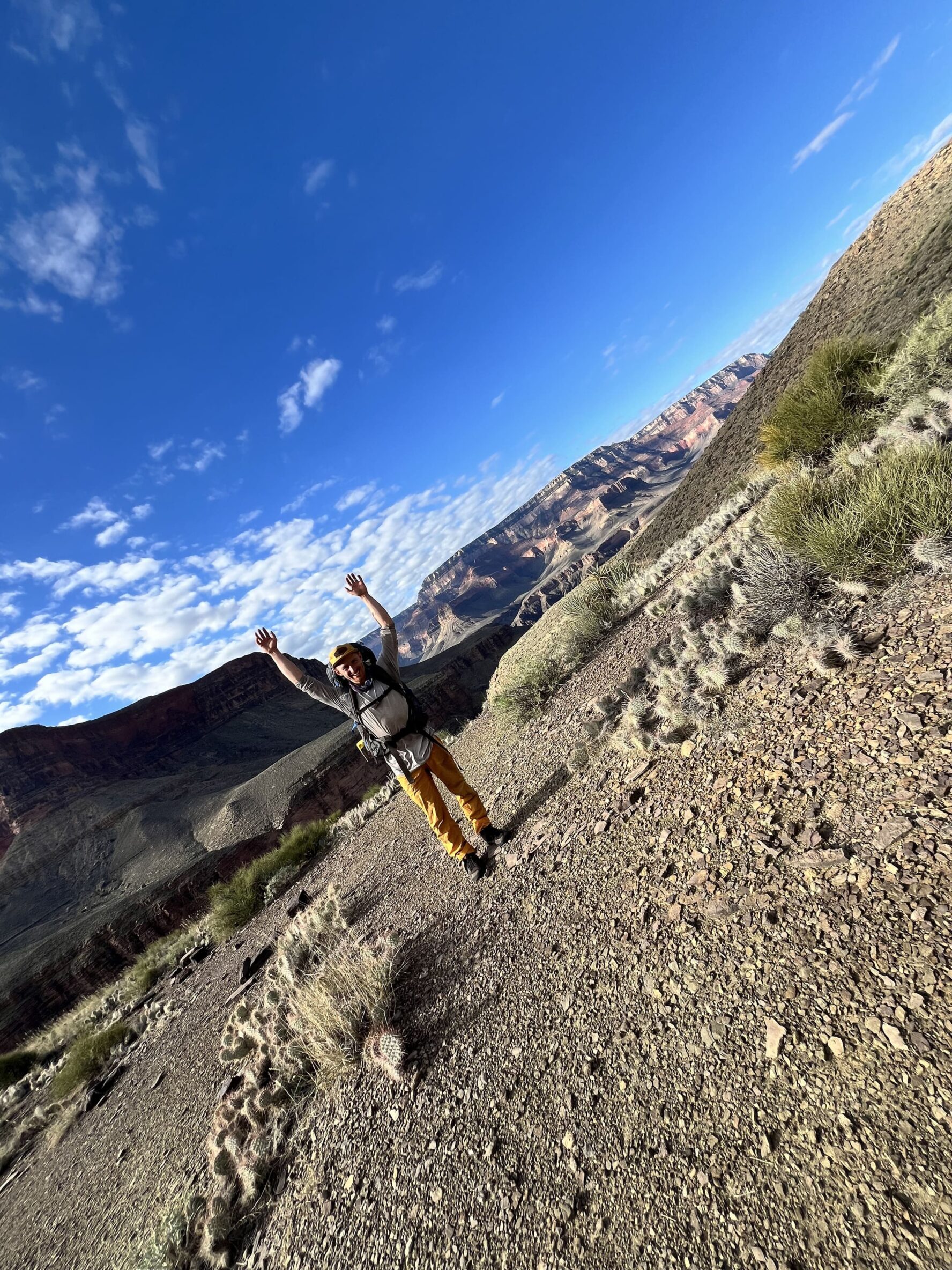 Hiker with his hands up at the Grand Canyon