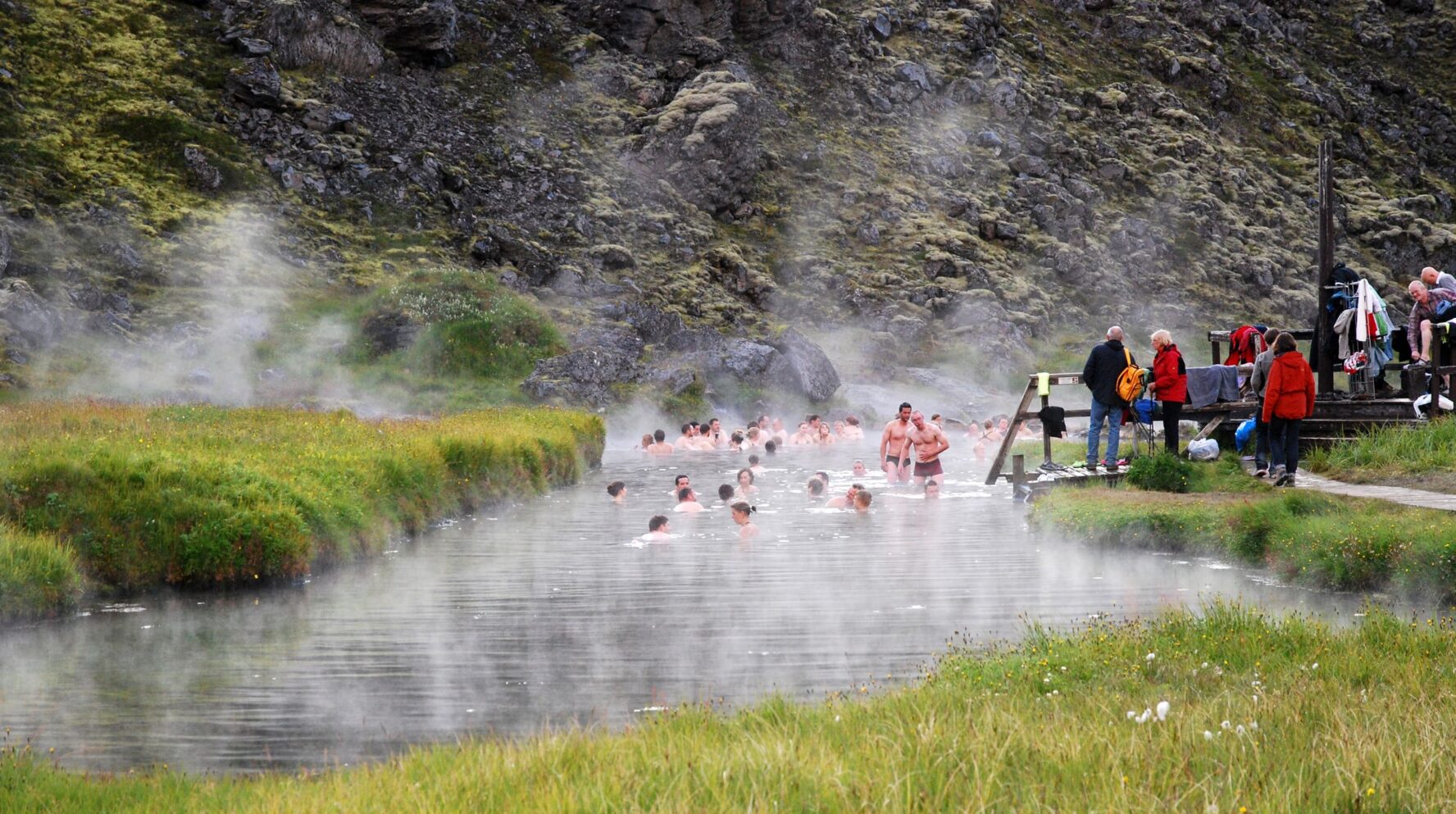 Hikers bathing in Landmannalaugar