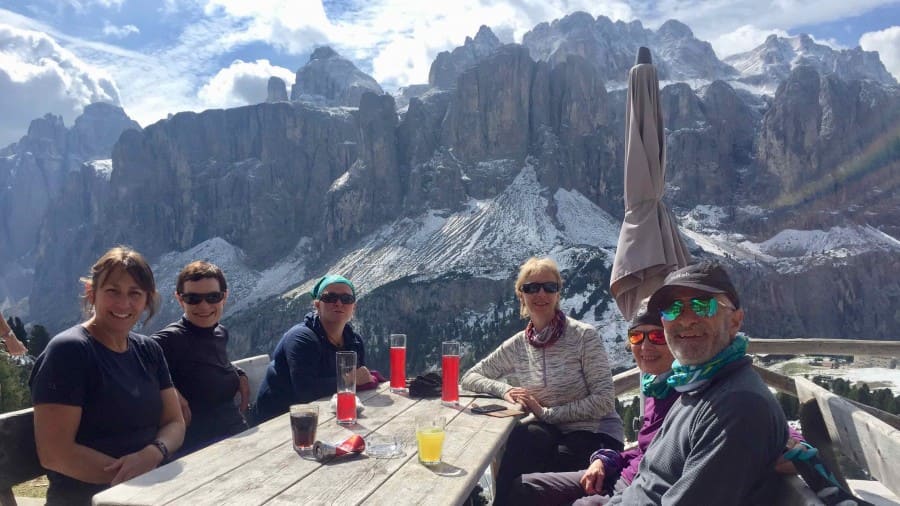 Hikers drink on a terrace