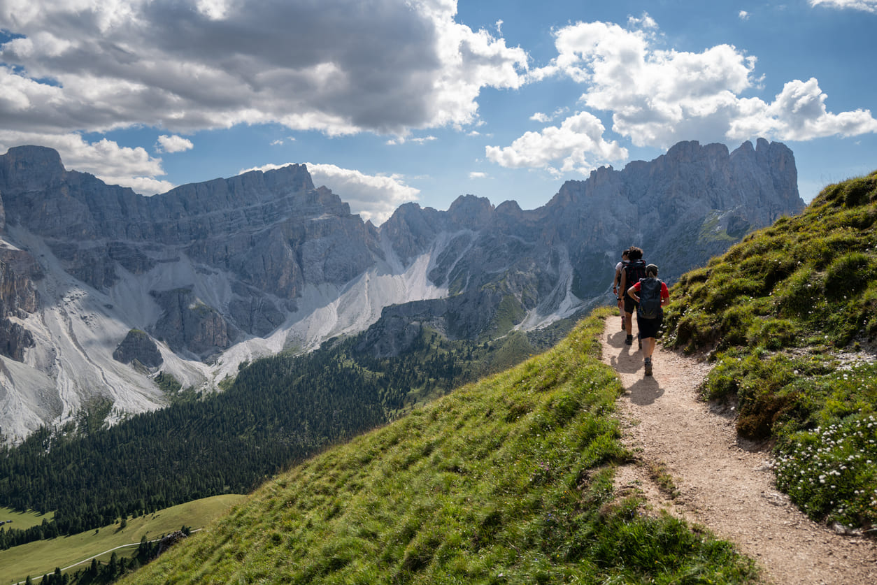 Hikers on a trail in the Dolomites
