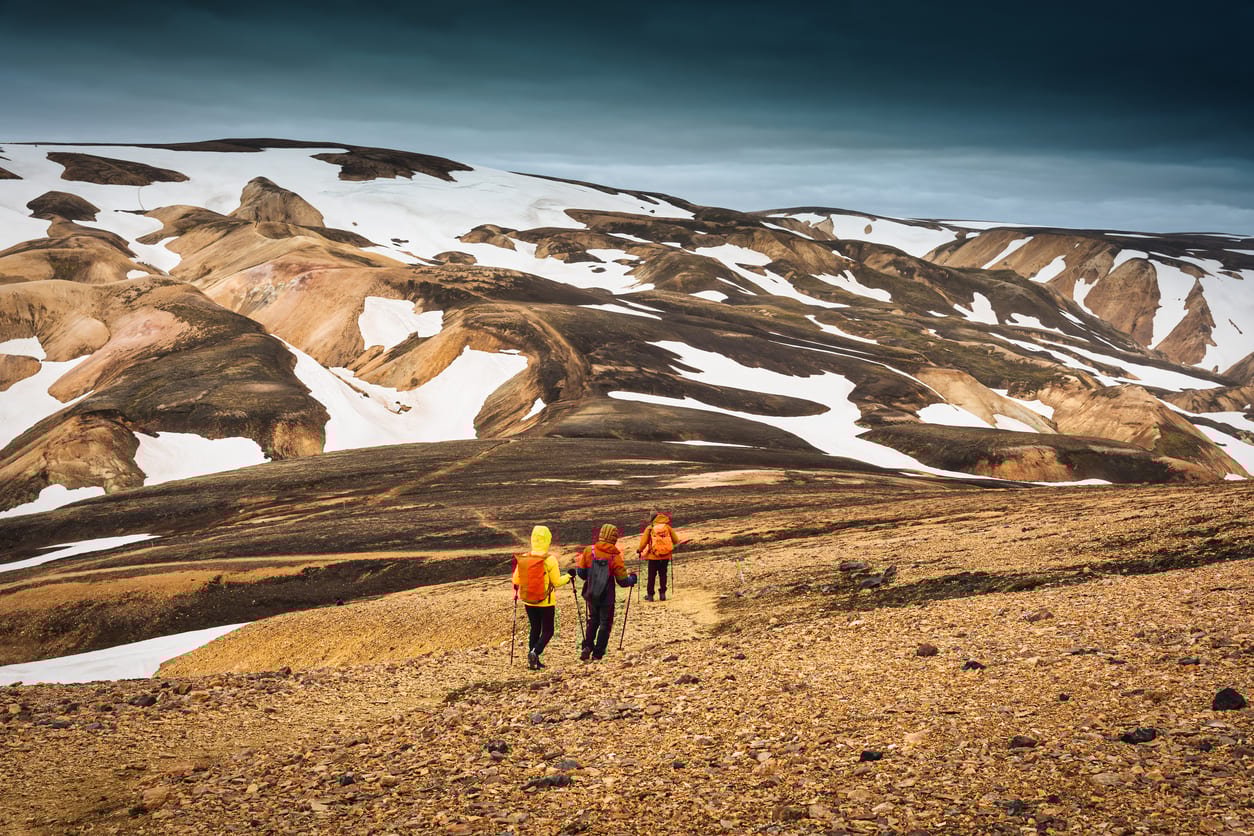 Hikers on a volcanic mountain in Iceland