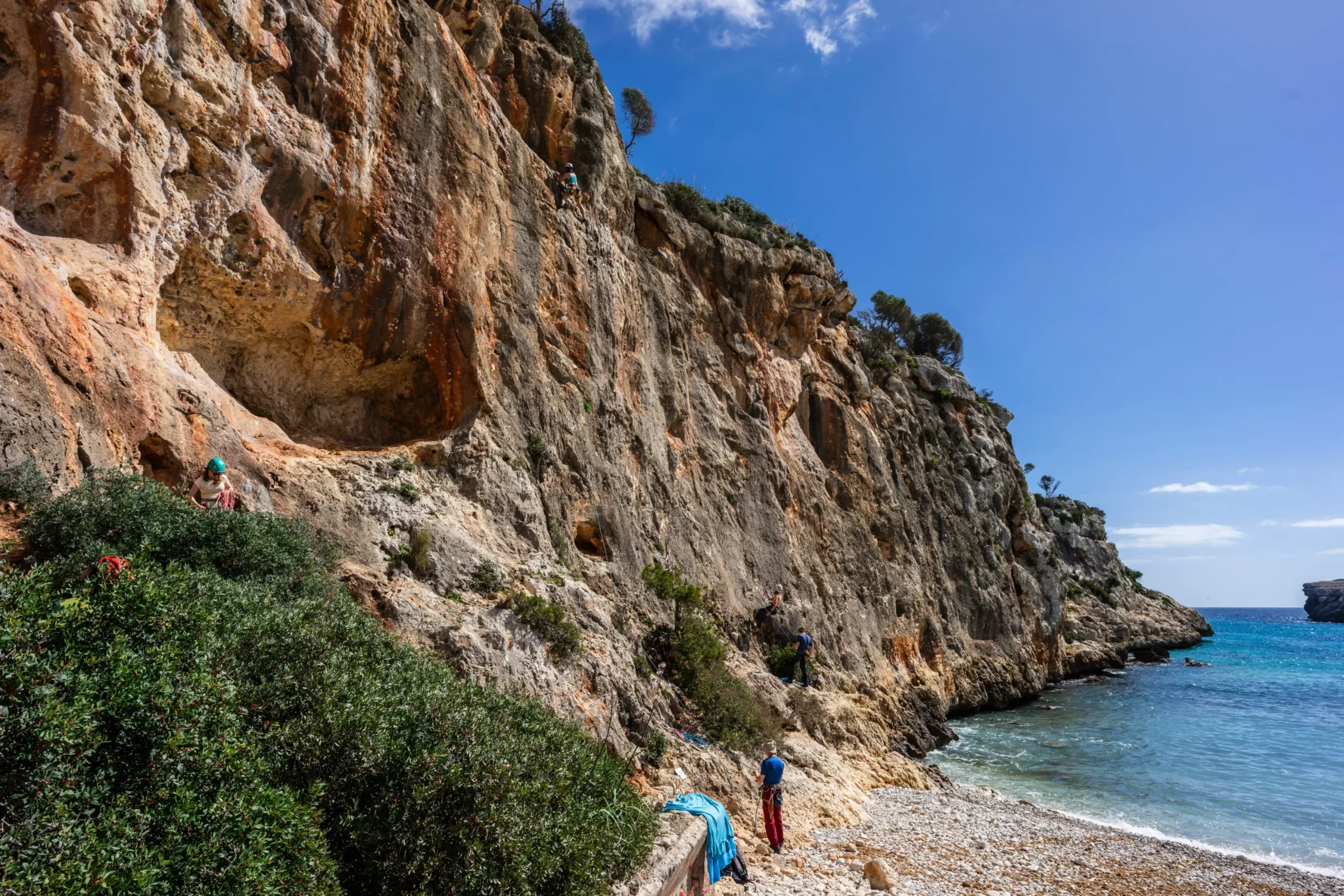 Climbers training on a wall in Mallorca, Spain