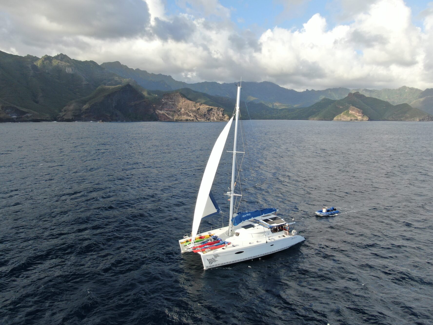 A sailboat from above in the Marquesas Islands
