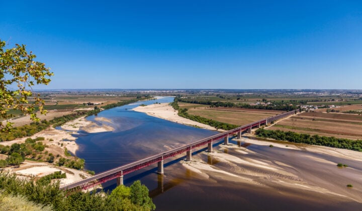 Porte dom Luis I bridge and Leziria fields in the Ribatejo region