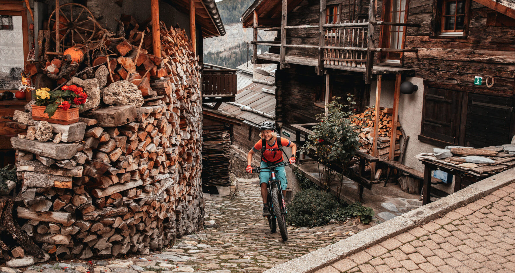Riding through a Swiss village