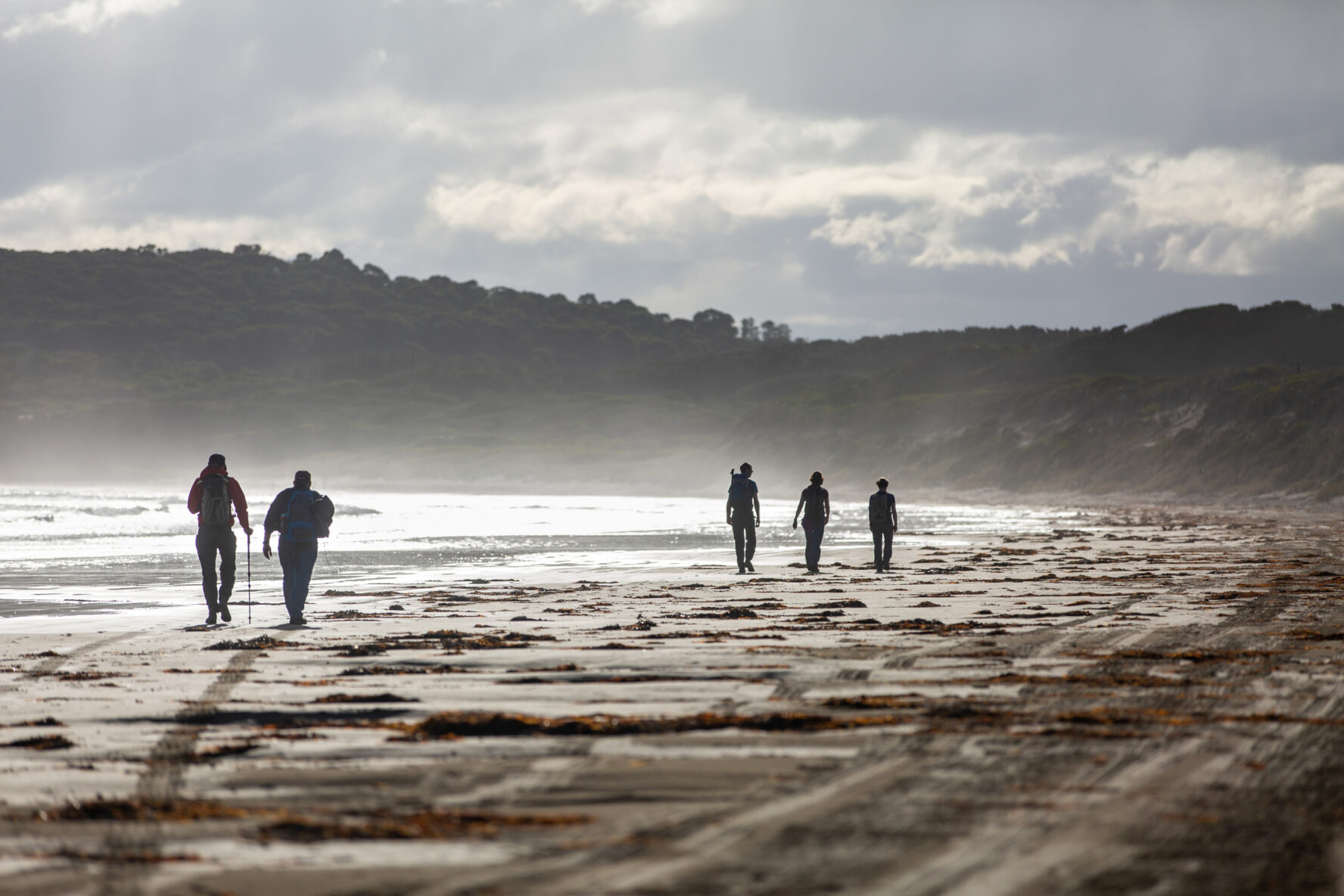 People walking on the sandy shores of Bruny Island