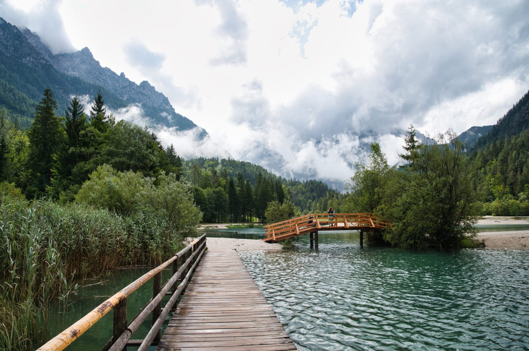 Wooden bridge over the Jasna Lake in Kranjska Gora