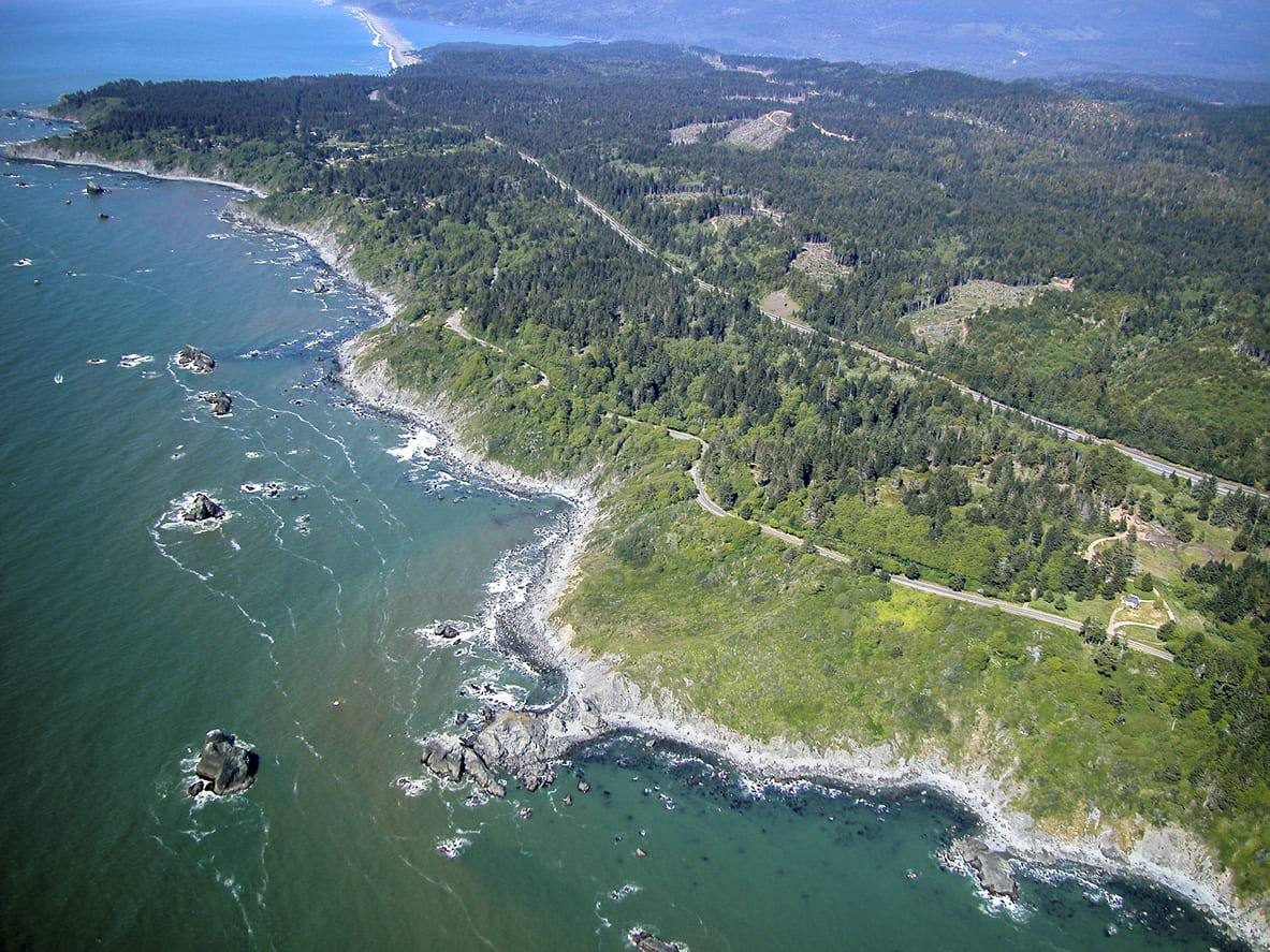 Aerial view of Big Lagoon and Patrick's Point State Park, Humboldt County, California