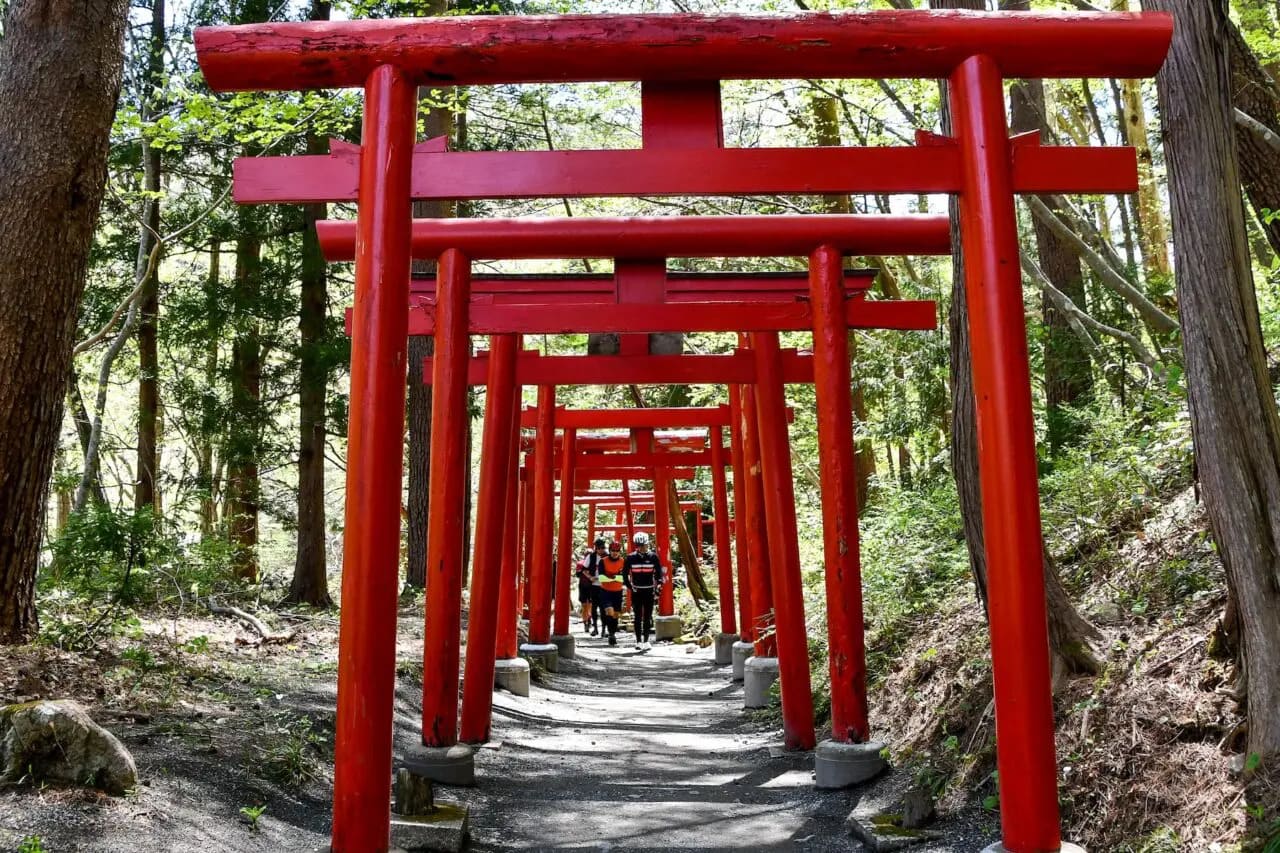 Cyclists walking through a torii gate