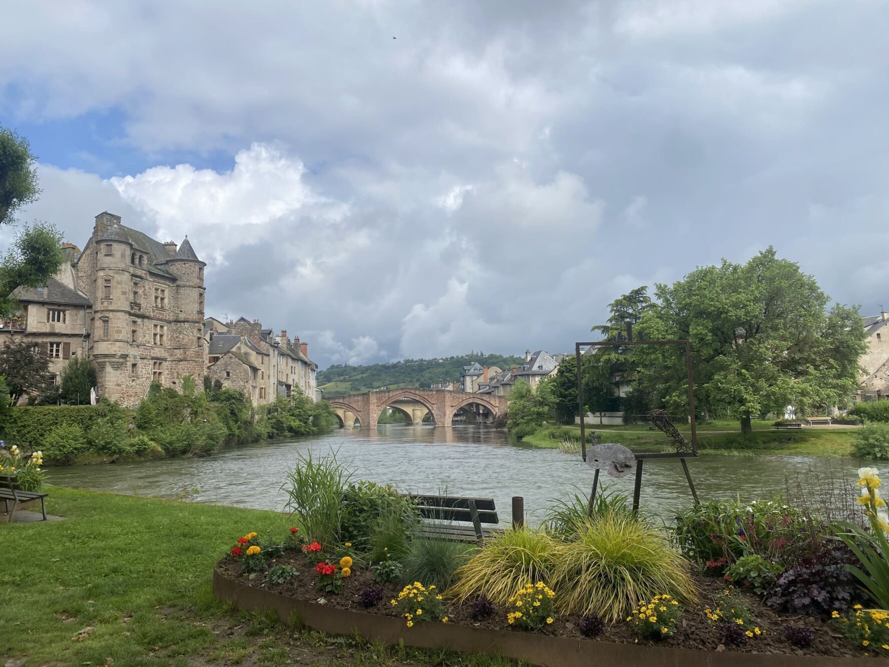 Panoramic view of the castle and bridge in Espalion, France