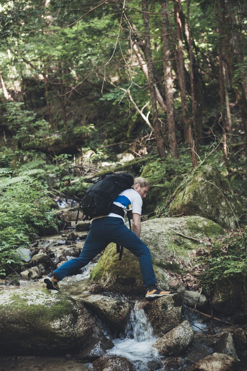 Hiker crossing a river