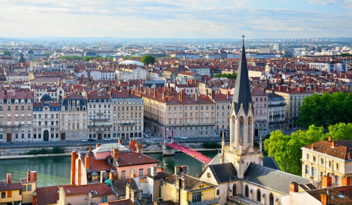 Aerial view of Lyon old town with Saint-Georges church, France