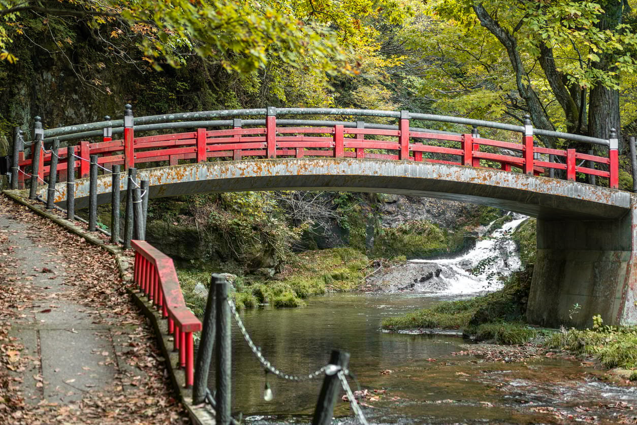 Red bridge in Ginzan Onsen on the Basho Tohoku route