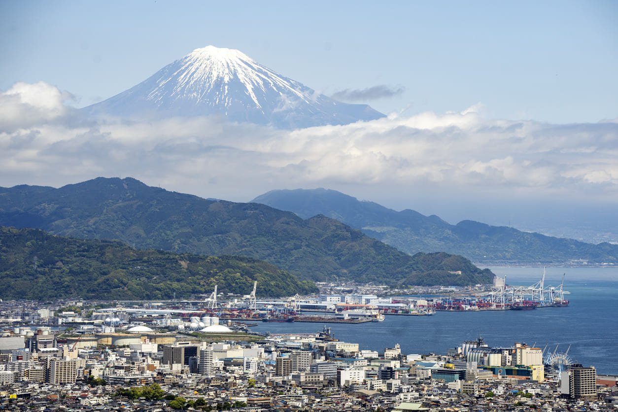View of Shizuoka port with Mt Fuji in the background