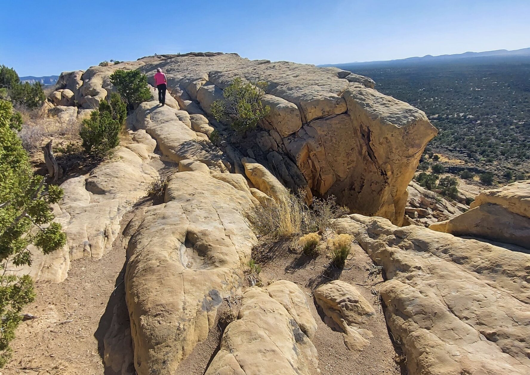 A woman hiking on a rock formation on the New Mexico tour