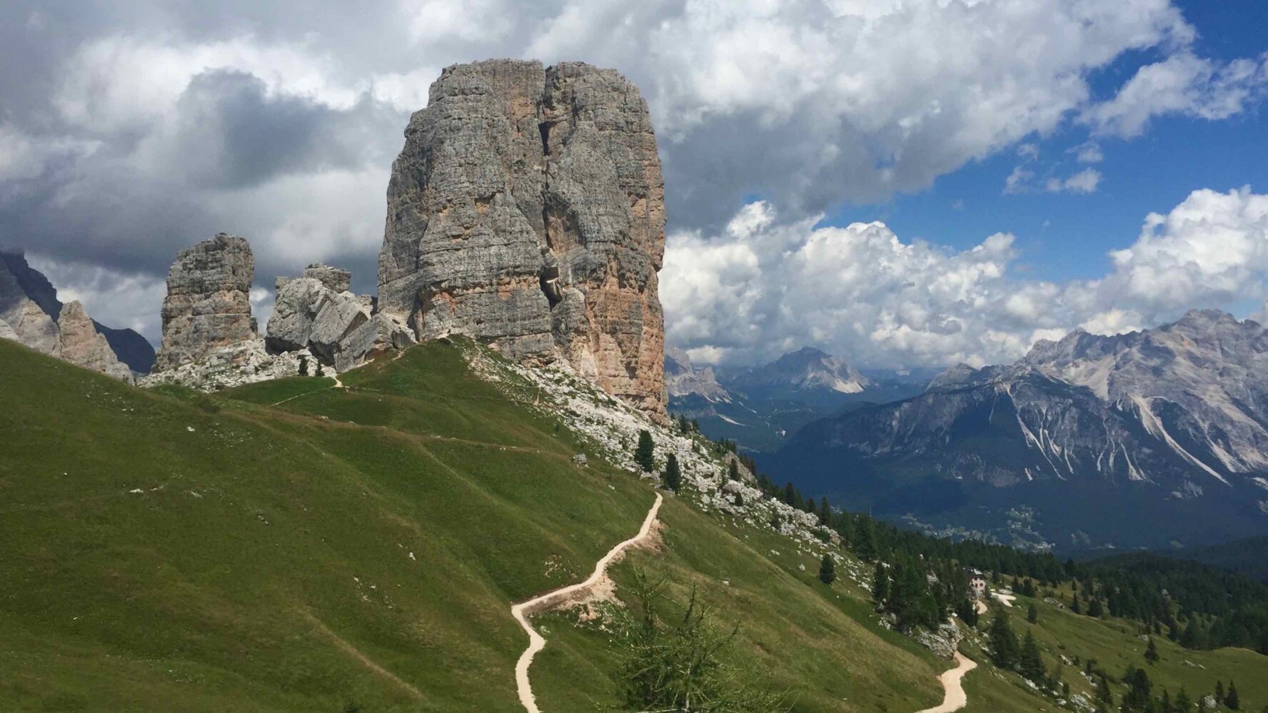 The iconic Cinque Torri can be seen from Passo Giau