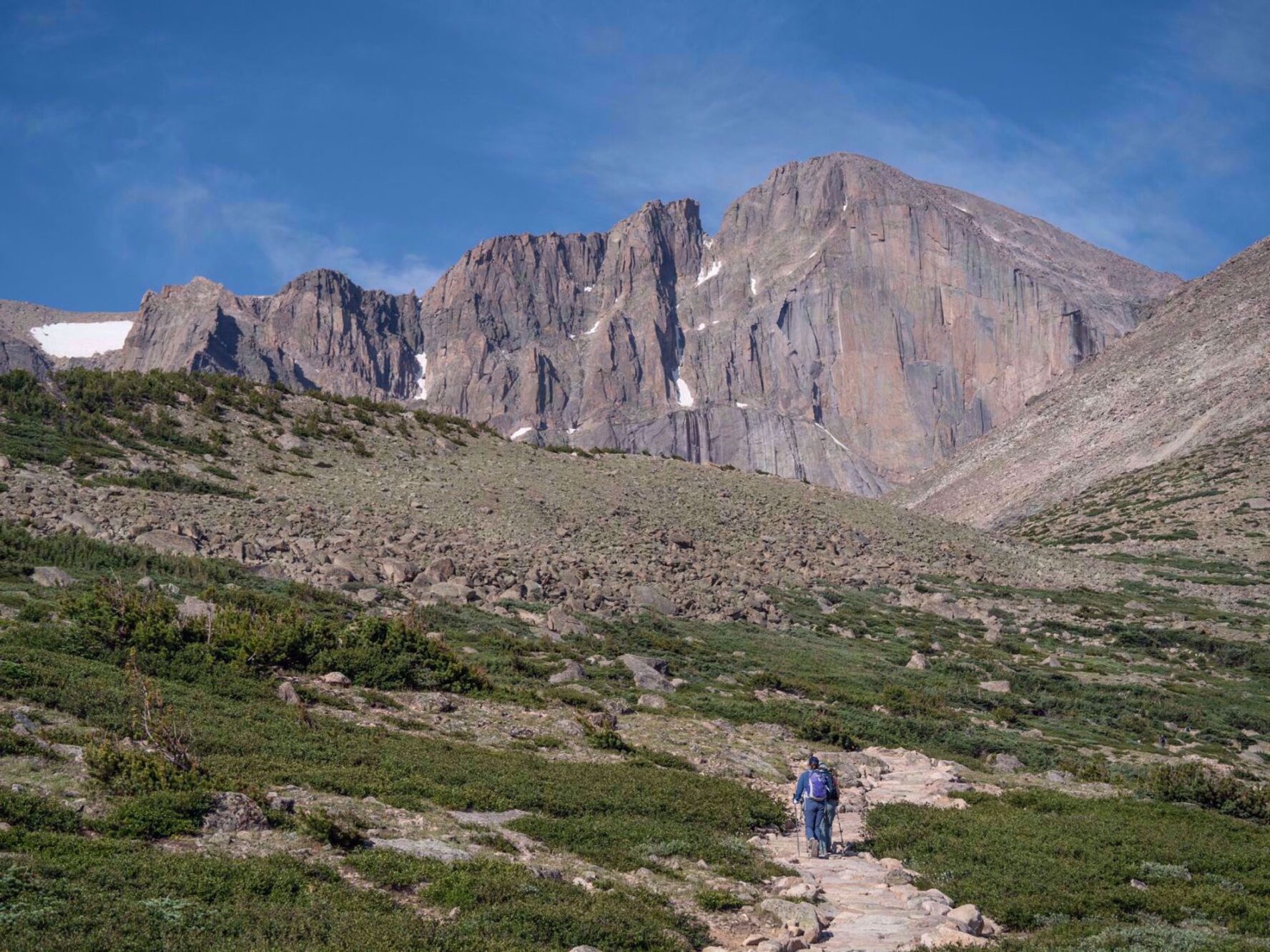 Hiker and Long’s Peak in the distance on the Rocky Mountain National Park women trip