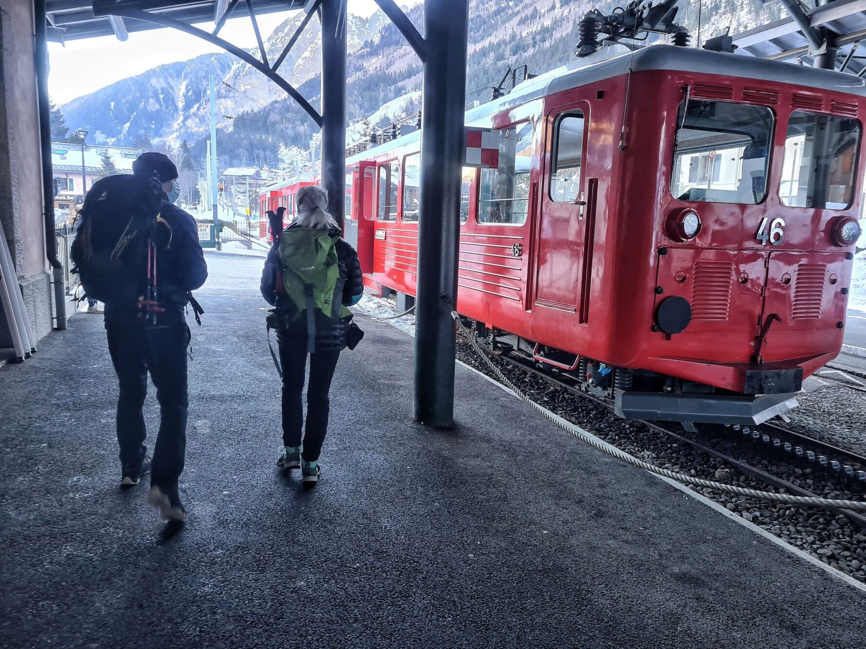 Hikers and the train to Montenvers at Chamonix train station