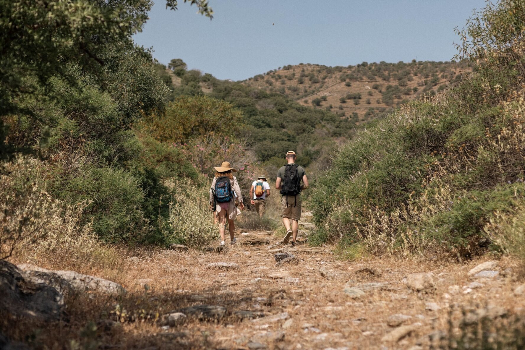 Hikers on a hiking trail on the Greece freediving holiday