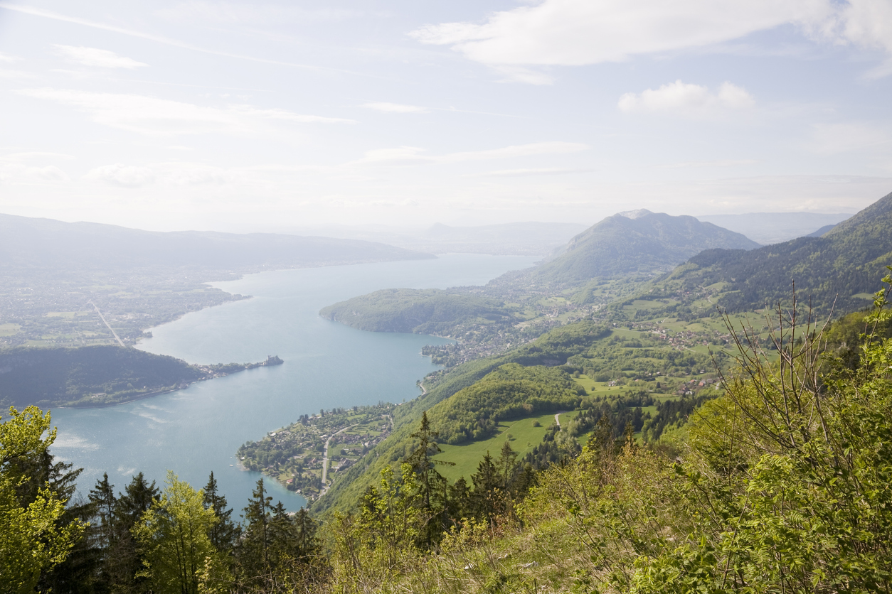 Scenic view of Lake Annecy from the top of the Col de la Forclaz on the TMB