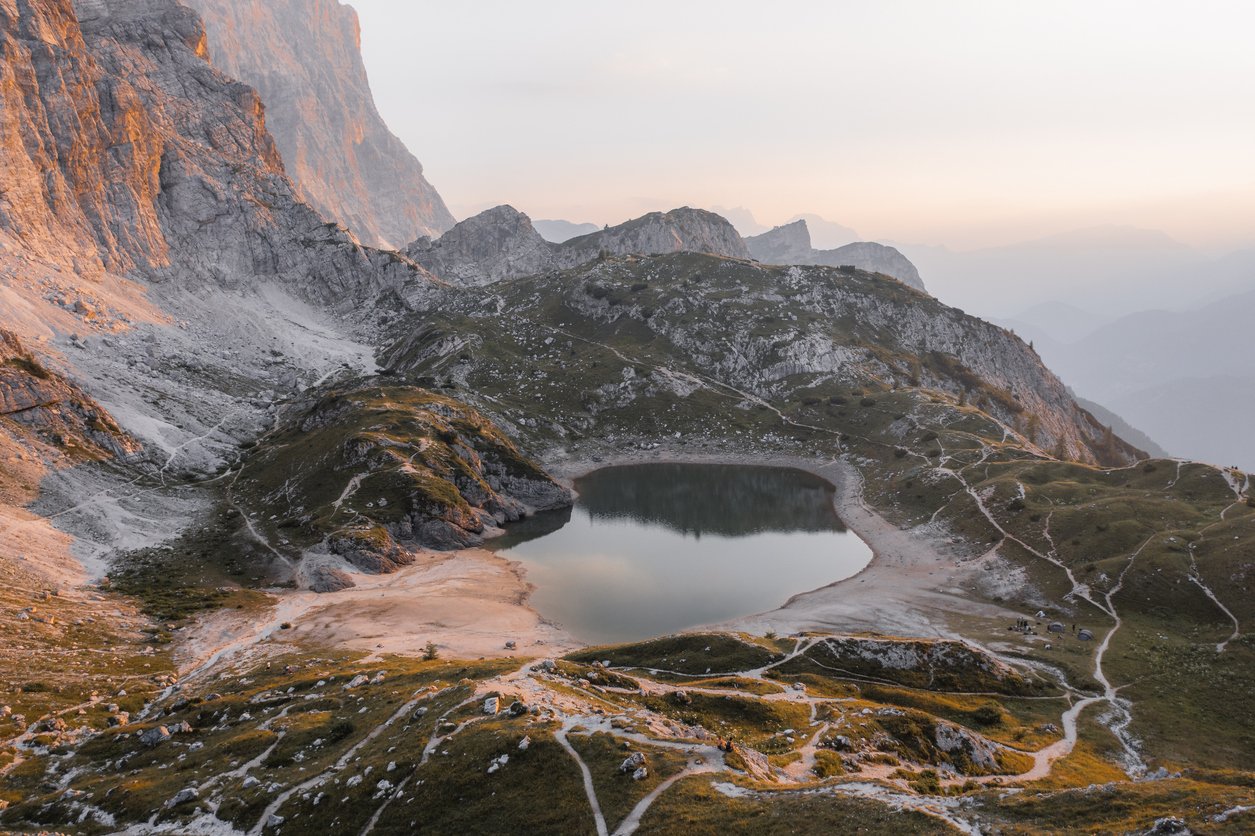 Lake Coldai in the Dolomites from above