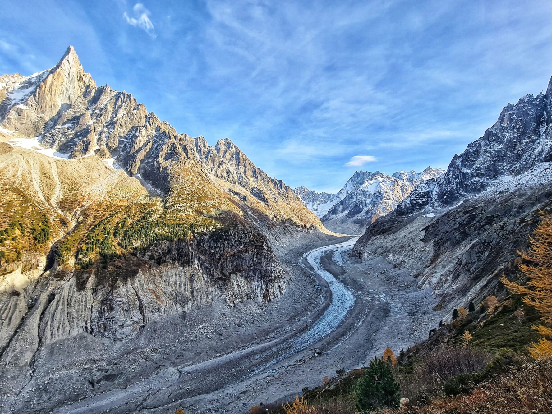 Panoramic view of the mountains and a valley at Mer de Glace on a sunny day