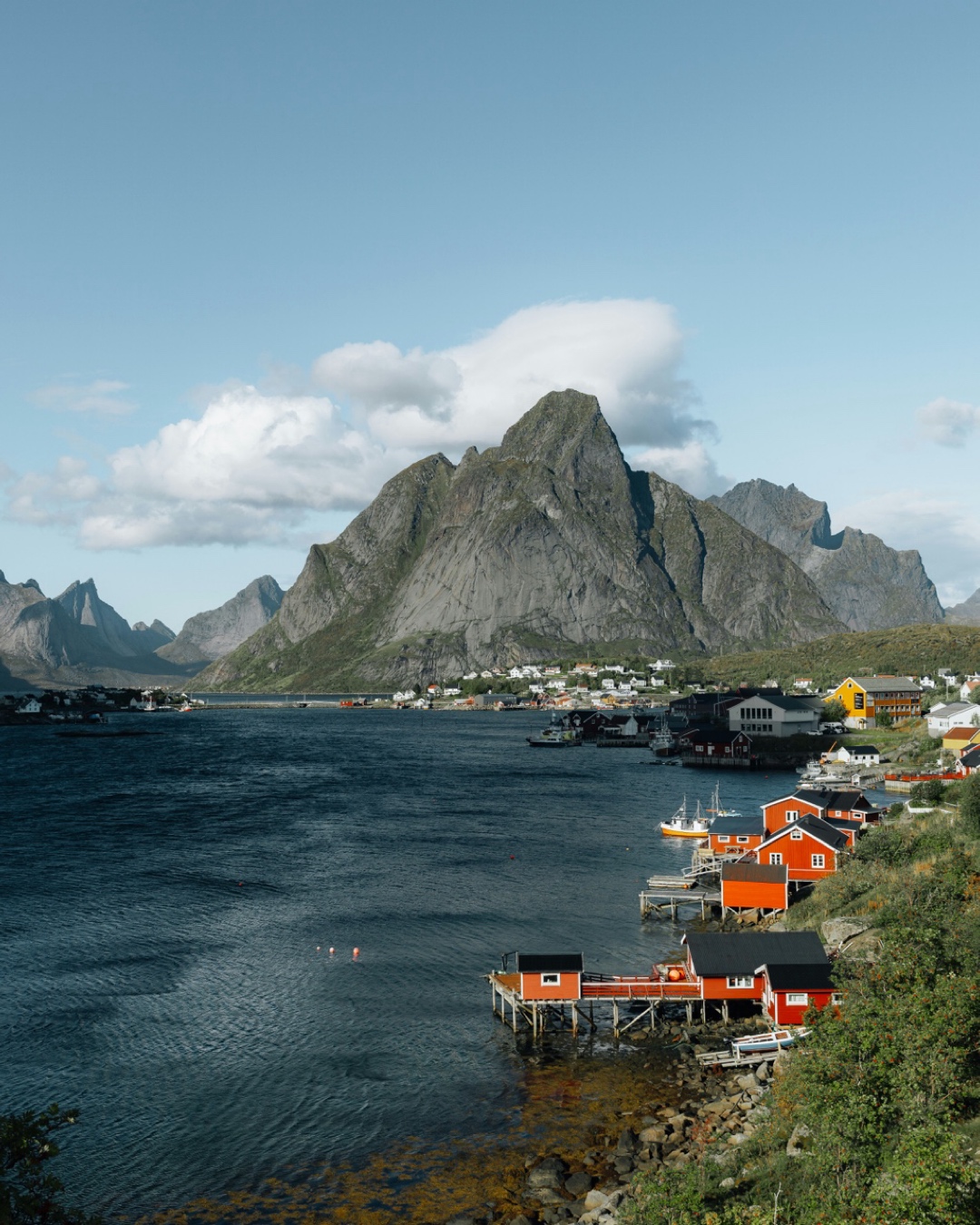 Traditional red houses on the shore in Lofoten, Norway