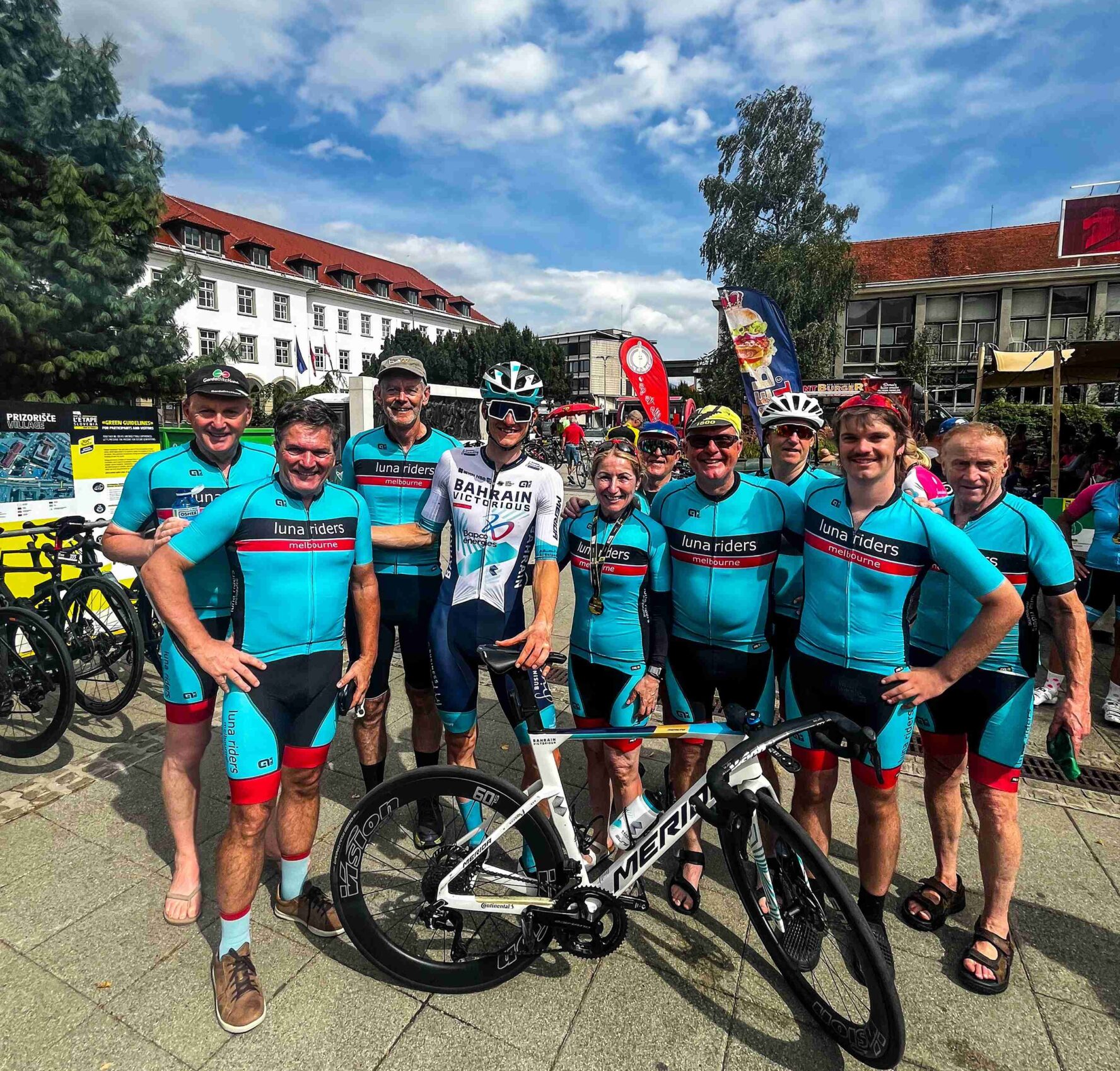 Riders posing in Slovenia after a ride