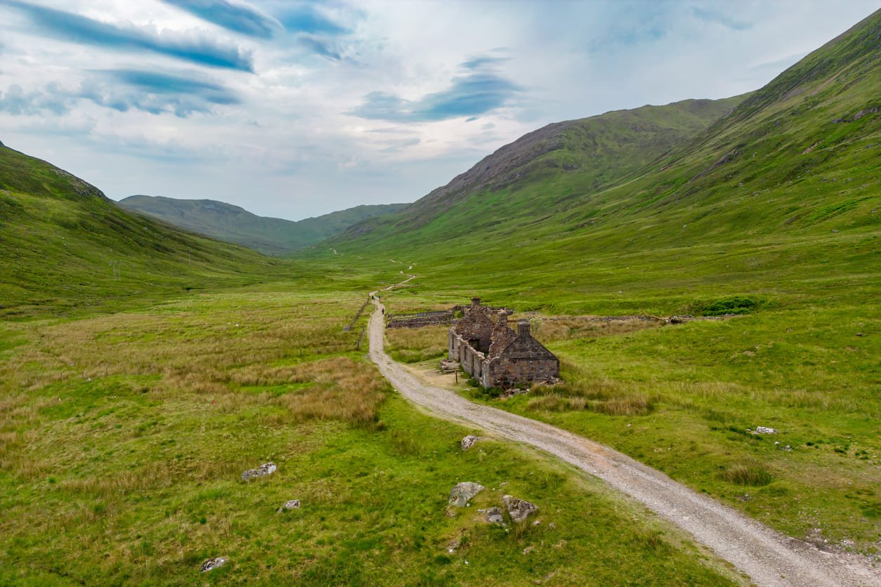 Valley with farmhouse ruins near Fort William in Scotland