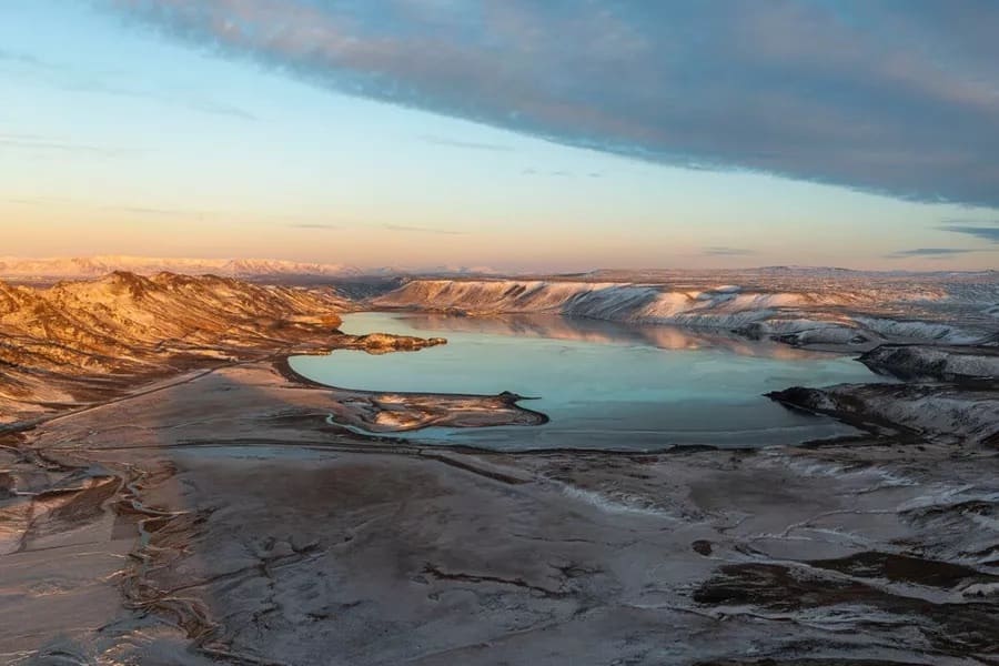 View from above of volcanic lake in Iceland