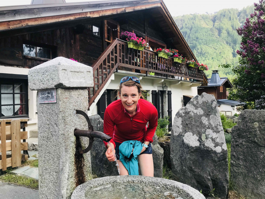 Runner on a water break during the Chamonix trail running camp