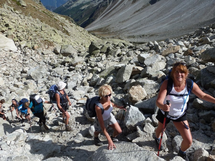 Women at Fenetre d’Arpette on the women-only Tour du Mont Blanc