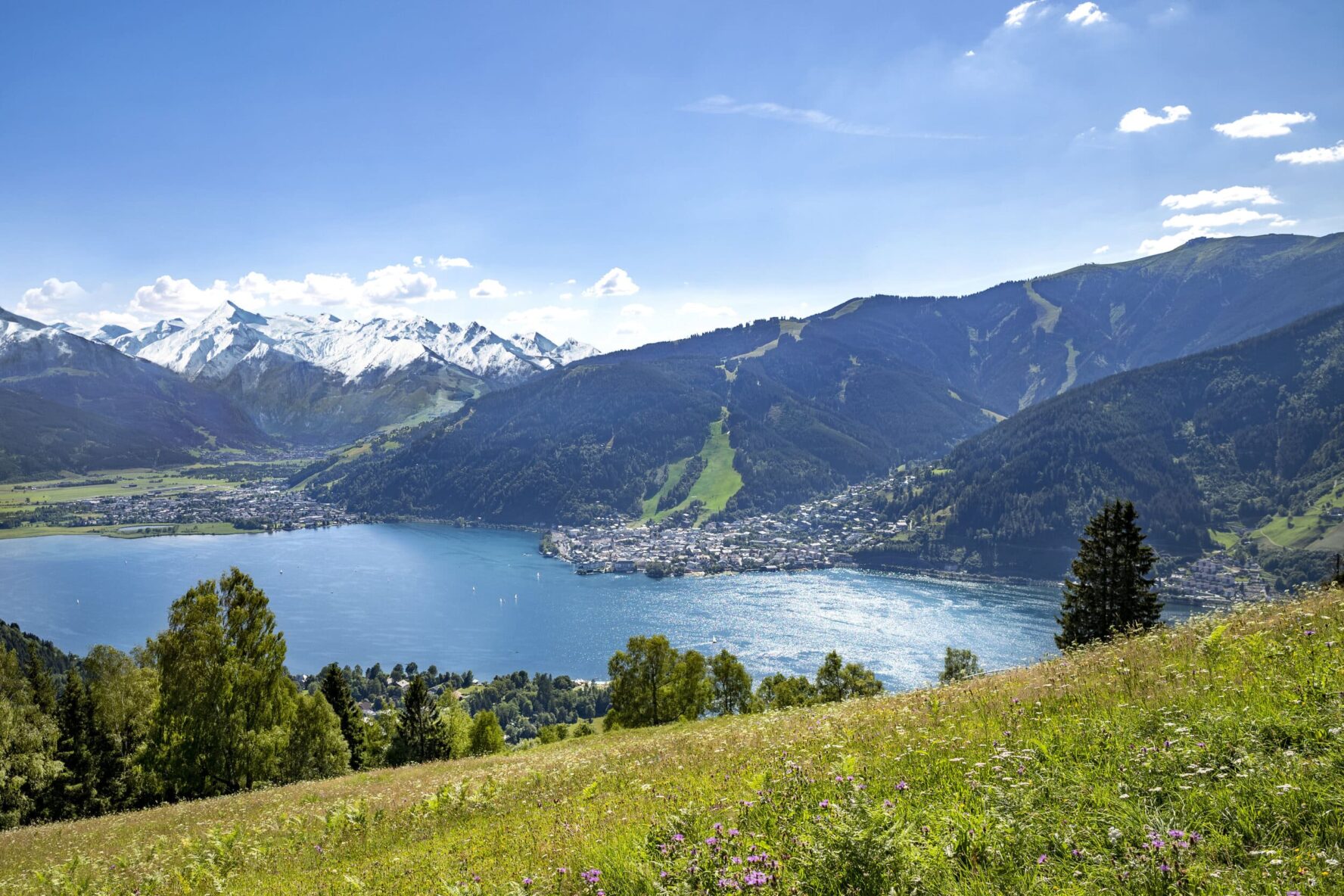 Panoramic view of Zell am See and nearby lake, Austria