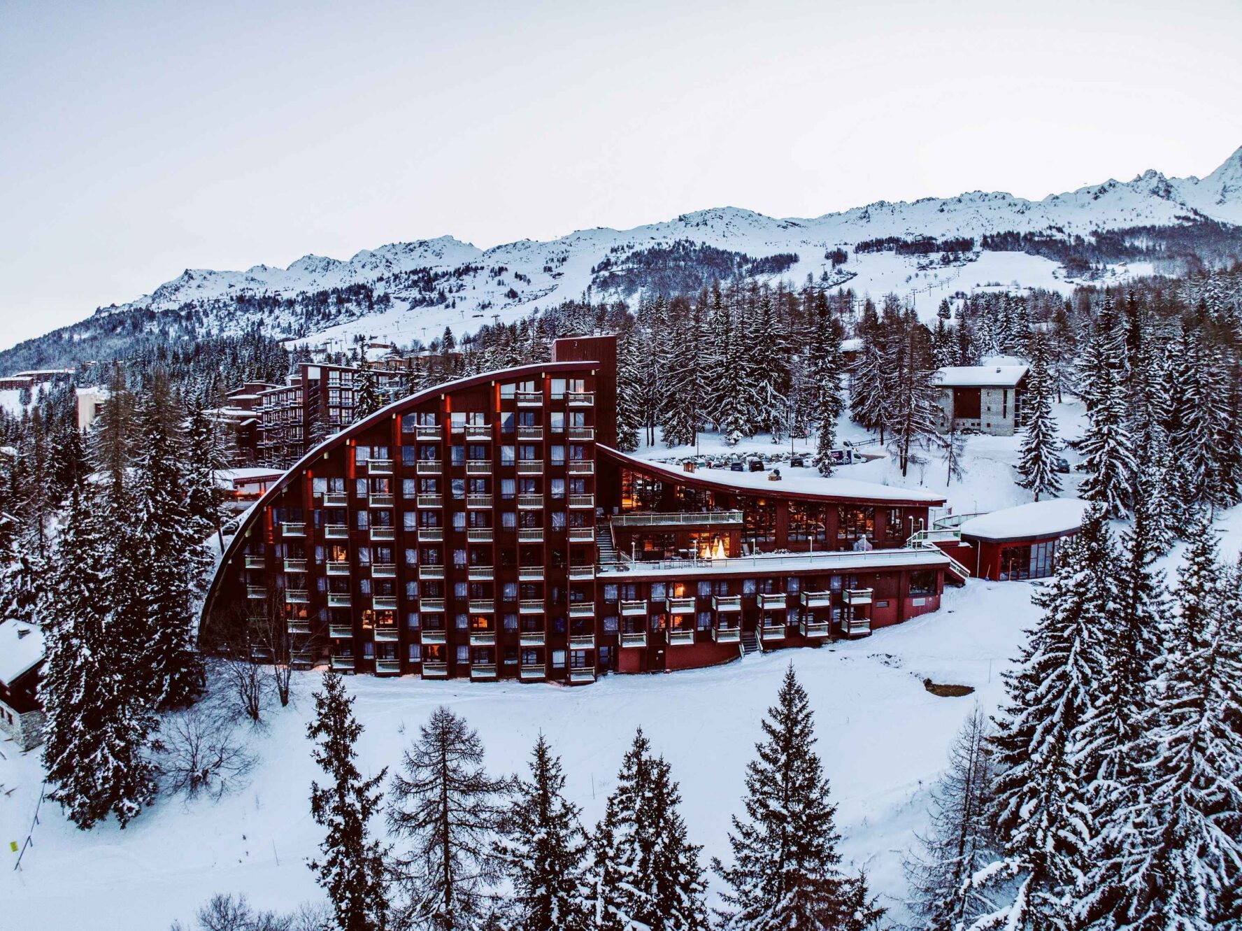 Aerial shot of Chalet Hotel Prieure Chamonix during winter
