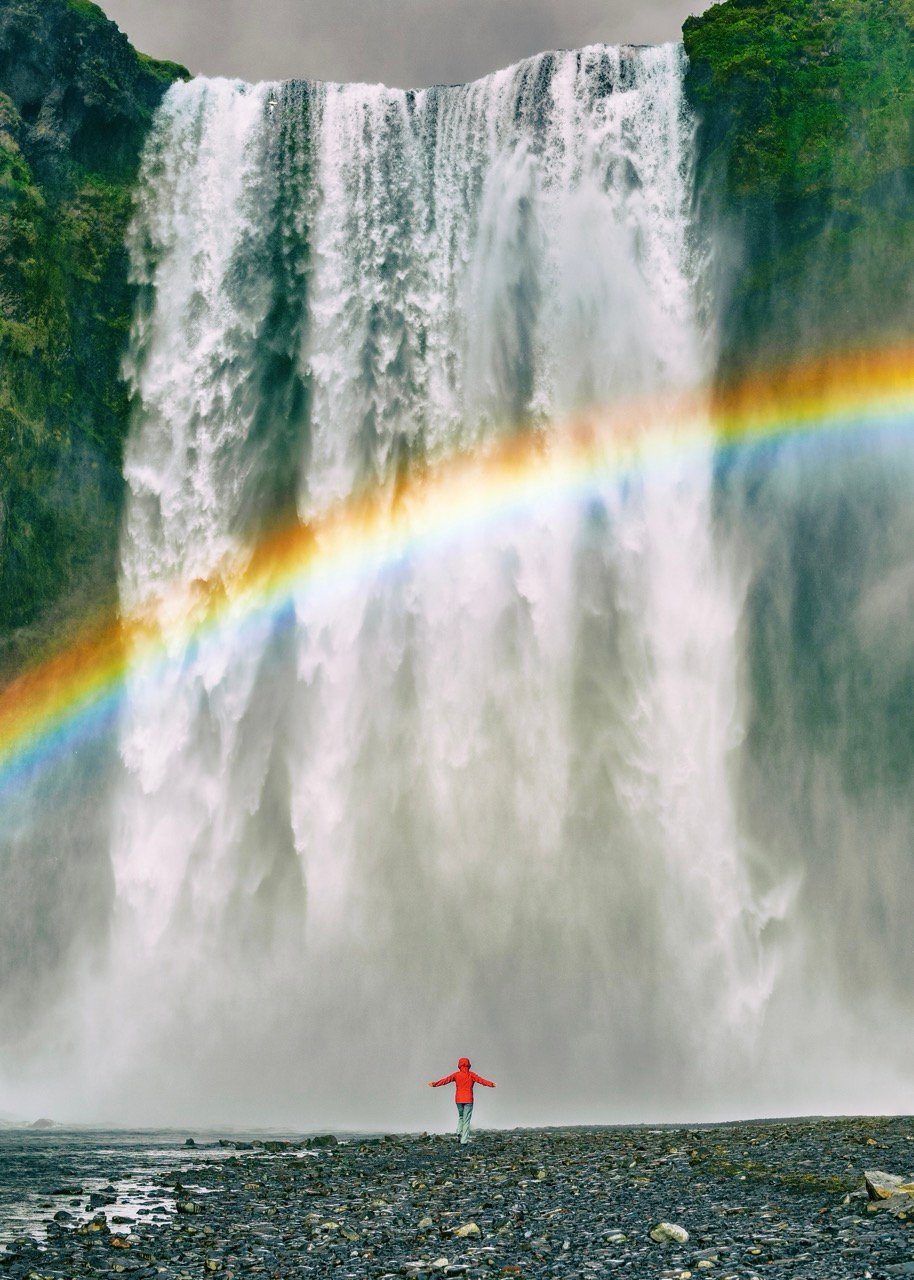 Skogafoss and waterfall with person below