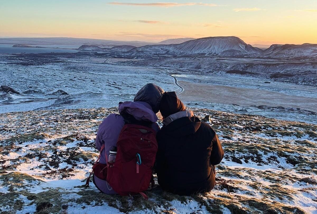 Two hikers happy winter Iceland